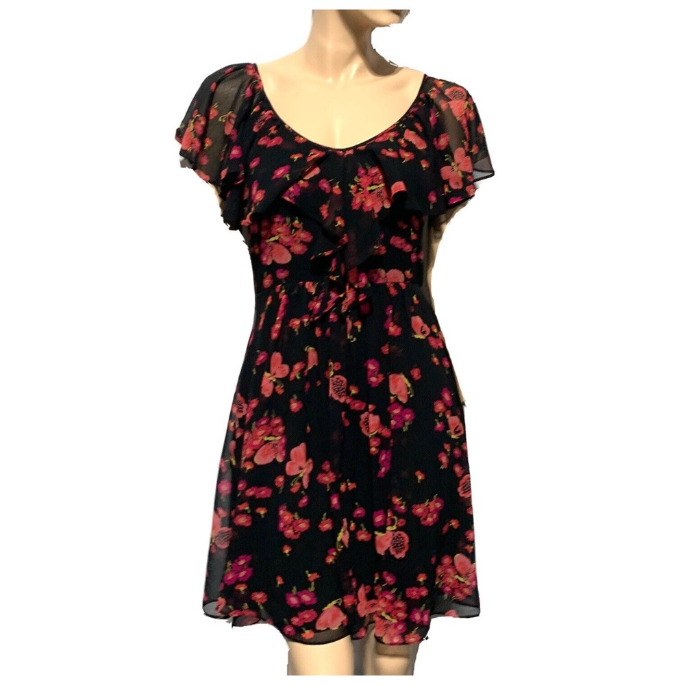 Betsey Johnson Dress Black Floral Butterfly Pink Size 4 Ruffle Fit & Flare
